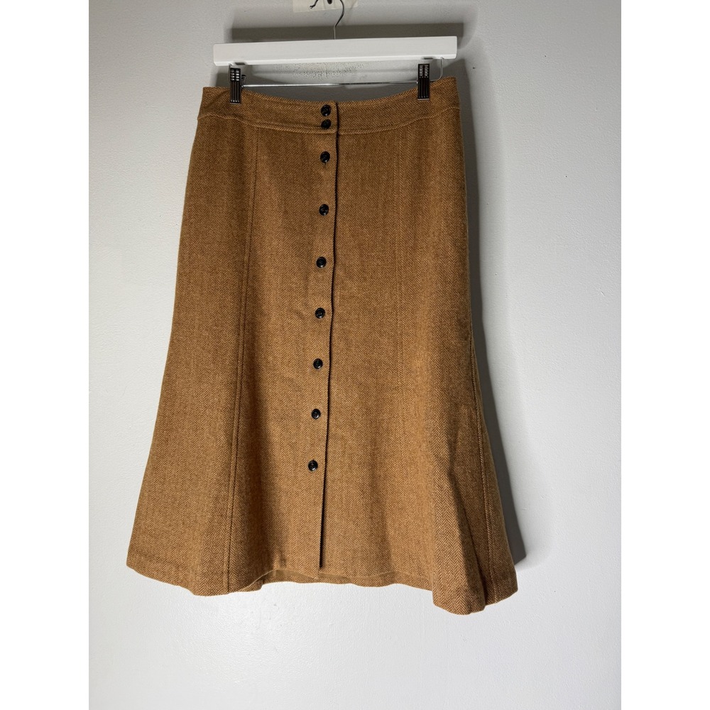 Talbots vintage 6 Herringbone Wool Midi Skirt Button Front A-Line Tan Brown